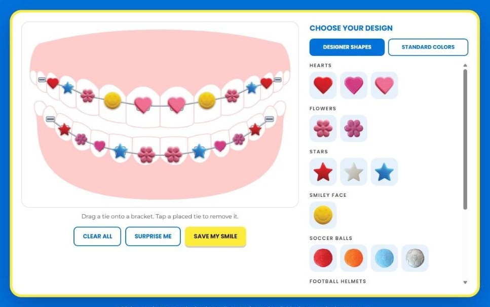DesignerTies Style Your Smile designer showing braces decorated with heart, star, flower and smiley face ties
